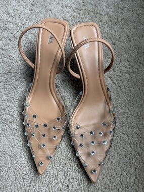 ZARA RHINESTONE HEELED SLINGBACKS BEIGE